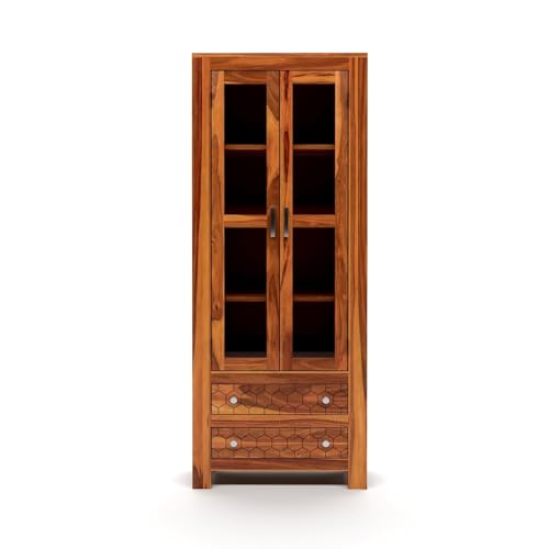 Image of Sheesham Wood Bookcases with 4 Shelves 2 Drawer - Wooden Kitchen Crockery Cabinet for Dining Room Kitchen with Glass Door Book Shelf Wooden Rack for Living Room (James Honey)