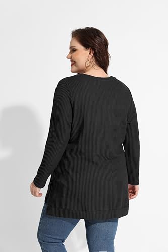 Image of RITERA Plus Size Women Sweaters Waffle Knit Pullover Top Long Sleeve Casual Crewneck Shirt Loose Split Hem Fall Winter Blouse