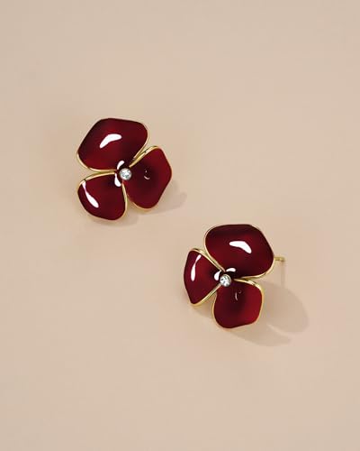 Gold Dainty Chunky Maroon Enamel CZ Floral Statement Earrings for Women by SNGIA, Modern Summer Beach Floral Handmade Drop Jewelry, Cherry Maximalist Wedding Date Birthday Gift, Bold Exaggerated Wine Stud Trendy Jewelry, Golden Colorful Fashion Accessories, Vintage Hammered Thick Nickle Free Gifts.3