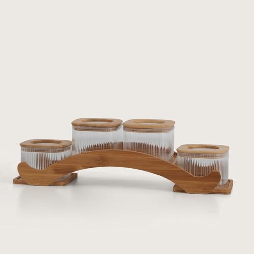 Image of HOME 360 Bamboo Bridge Tray | Set of 4 Ribbed Glass Canisters with Natural Wood Lids | Unique Arched Display Spice Rack | Minimalist Boho Kitchen Decor | (Bridge - 4Jar)