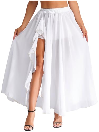 Xnihocha Saias compridas de chiffon para dança de mulher, para dança do ventre, saia envolvente, saia de tule, salão de baile, fantasia de carnaval, branco, tamanho único