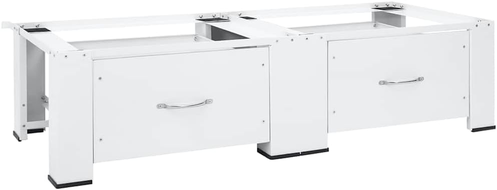vidaXL White Steel-made Washing and Drying Machine Pedestal with Non-Slip Pads, Rubberised Feet, and Storage Drawers, Suitable for all Standard Appliances.