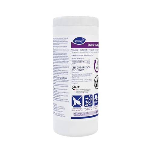 Image of Oxivir Diversey 5388471 Tb Disinfectant Medium Wipes, Accelerated Hydrogen Peroxide Based Cleaner Disinfectant, Ready-to-Use, Unscented, 60-Wipes, 1 Slim Canister (Pack of 12)
