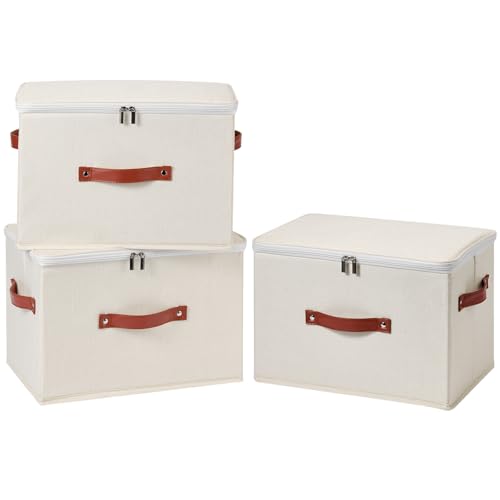 Image of 3PCS Storage Bins Boxes with Zippered Lids Cotton Linen Fabric Decorative Basket PU Leather Handles PP Plastic Board Foldable Lidded Clothing Shelf Closet Organizer Container (Beige, Large)