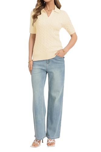 Image of QUALFORT Cable Knit Women's Short Sleeve Sweater Soft V Neck Polo Tops