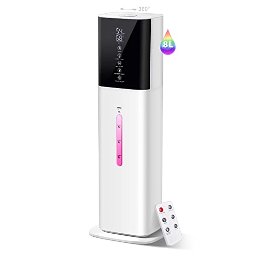 Tower Humidifiers 7 Colors for Large Room Bedroom 500 sq ft,letme 8L 2.1Gal Ultrasonic Topfill Cool Mist Humidifier with 360°Nozzle 3 Speed Humidistat Essential Oil Tray for Baby Adult Home Yoga Plant