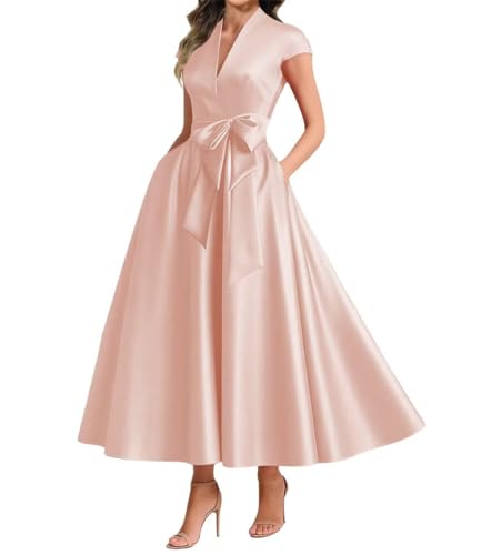 WSEYU Sukienka ślubna damska z satyny z kieszeniami na wesele, plisowana, sukienka koktajlowa, plus size, różowy (Blush Pink), 46