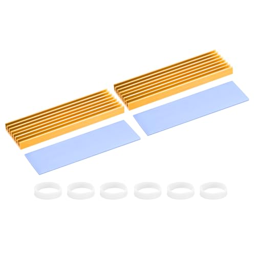 PATIKIL M.2 2280 Nvme SSD Heatsink 70x22x6mm, 2 Set Radiator Cooler Aluminum Heat Sink Cooling Fin with Thermal Pads/Tape/Rubber Ring for Laptop Electronics CPU Led, Gold