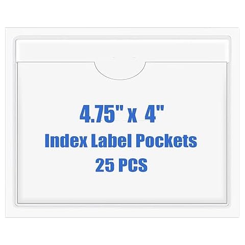 Origin-Joy 25 PCS Self-Adhesive Index Label Pockets, Clear Plastic Peel & Stick Card Holders with Top Open for Loading (4.75 x 4 inch) Cover