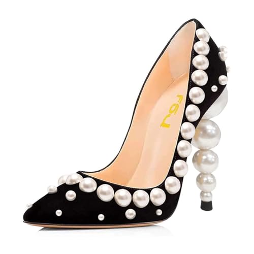 FSJ Women's Pearls Beaded High Heels Slip On Pumps Pointed Toe Pearl Embellished Suede Elegant Party Club Dress Shoes 4-15 US
