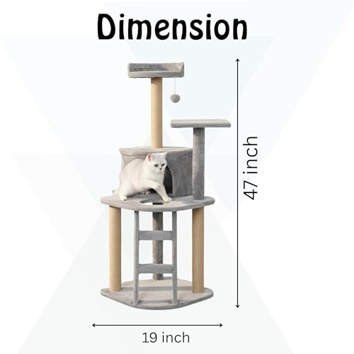 Image of Multi-Level Cat Tree Tower, 47 Inch Tall Green Plush Condo with Natural Jute Posts, Platforms, Perches, 19 Inch Base (FURR-49) (Grey)