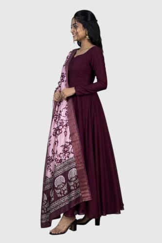 Image of Women's Ethnic Anarkali Kurta Set | Premium Vichitra Silk Gown with Printed Mayura Silk Kalamkari Dupatta Brown