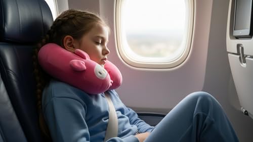Image of Soft and Comfortable Cartoon Designed U-Shaped Kids Travel Neck Pillow for Airplane Car Flight Head Neck Support for Boys and Girls (Pack of 1, Pink)
