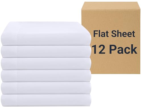 ZPECC White Bulk Flat Sheets Only Queen Size 12 Pack, Easy Sort Top Bed Sheet by Color-Coded Hem Threads, Soft Durable Brushed Microfiber Fabric Hotel Airb&bs Essentials for Hosts, 90"x102"
