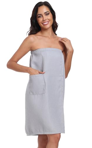Image of Women's Bath Towel Wrap Waffle Spa Body Wrap with Adjustable Closure Quick Dry Lightweight Towel Robes with Pocket, Grey L /XL