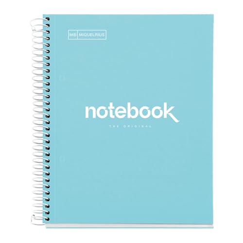 Miquelrius - Cuaderno A5, Notebook Emotions, 80 Hojas de 90 g/m², Rayado Horizontal 7 mm, 1 Franja de Color, Espiral Microperforado, Libreta Rayada, Tapa Extra Rígida, 2 Taladros, Azul Cielo