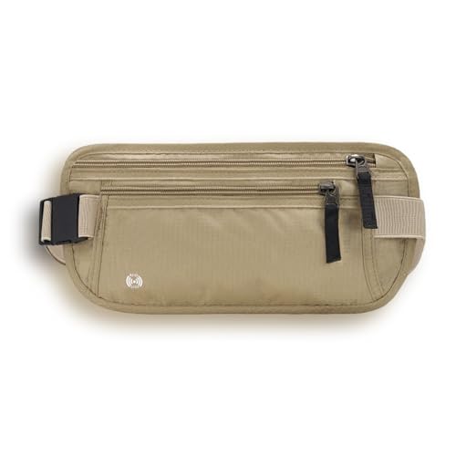 BLOOPIC セキュリティポーチ スリ対策 ウエストポーチ RFID スキミング防止 防水 撥水 薄型 軽量 大容量の3ポケット設計 ウエストバッグ 海外旅行 多収納 旅行 防犯グッズ 貴重品管理 (カーキ)