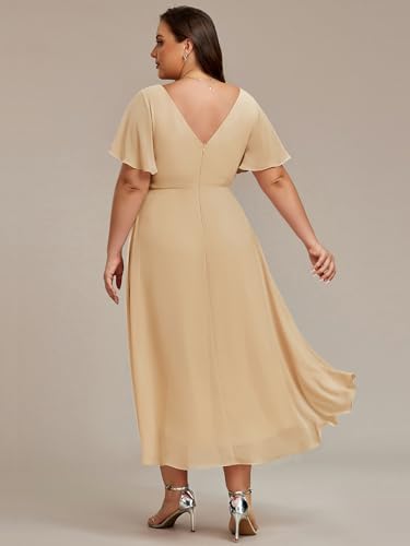 Image of Ever-Pretty Plus Summer Short Sleeves V-Neck Formal Wedding Guest Dresses for Curvy Women Chiffon Midi Cocktail Party Dress
