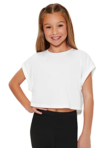 Floerns Girls Solid Roll Up Short Sleeve Round Neck Casual T Shirt Crop Top