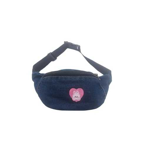 Urso fofo infantil pochete bolsa de cintura pequena bolsa de cinto jeans bolsa transversal para meninas e meninos, Coelho com coração azul escuro, one size