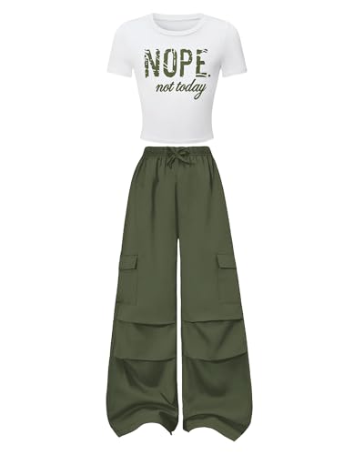 Image of Betusline Girls 2 Piece Outfits Short Sleeve Crop Top & Parachute Cargo Pants Set,4T-14 Years