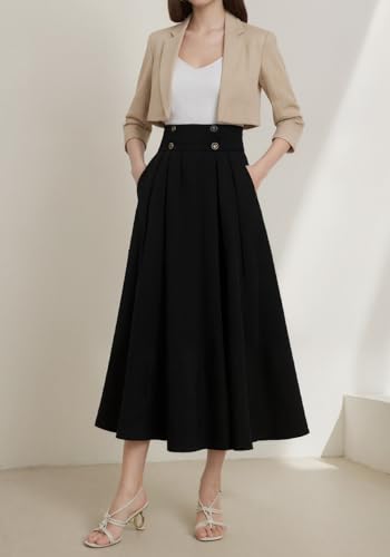 Lucuna Women's High Waisted Long Skirt Buttons Elastic Waist Ruffle Casual Business Work Maxi Skirt4