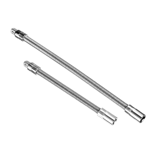 Image of sourcing map 3/8" Drive Flexible Extension Bar Set 8" 12" Chrome Vanadium Steel Extra Long Square Socket Extension Bar Drive Socket Driver Handle for Loosening and Tightening Silver 2pcs