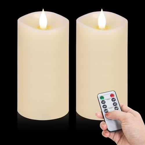 Image of 2PCS, 3 x 6 inches Flameless Candle with Remote Control, 3D Flickering Wick, Real Wax, Battery Candles,with Timer,Battery Powered Candles,for Holiday Home Decor,Ivory