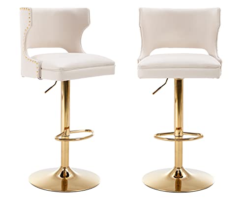 PU Leather Swivel Bar Stools Set of 2 Adjustable Counter Height Barstools with Open Back/Base Upholstered Modern Bar Chairs for Kitchen Island/Dining Room/Home Bar,Beige