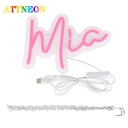 Image of Mia Name Neon Sign for Wall Decor,LED Mia Name Neon Light for Kids Bedroom,Birthday Party Decoration,Neon Sign Mia for Wall Decor,Mia Birthday Decor for Girl,Size 8.7 * 6.3 inch(JTLD014-8)