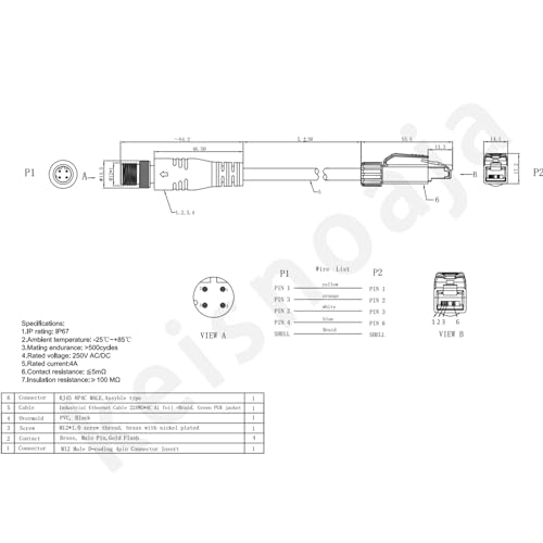 Cable M12 a RJ45, D-Code 4Pin Macho, 1 m, Industrial IP67 miniatura 3