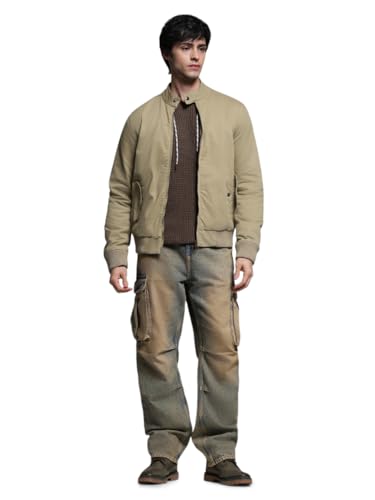 Image of Jack & Jones Men's Mock Collar Solid Cotton Casual Bomber Jacket, Standard Length