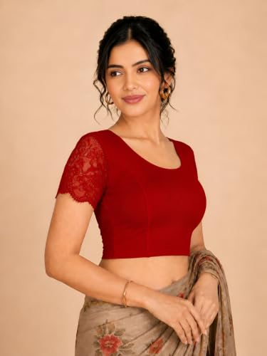Image of Abhi Cotton Readymade Saree Blouse for Women- Half Net Sleeves, Round Neck, Regular-fit, Stretchable, Pull-on Style Blouse