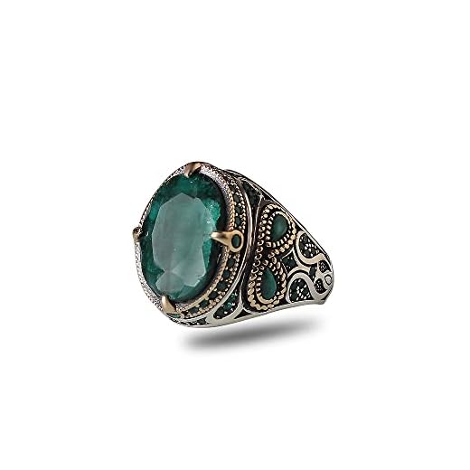 Emerald Stone Men Silver Ring, 925 Sterling Silver Emerald Gemstone Ring, Handmade Engraved Turkish Silver Ring with Natural Emerald Stone, Gift for men, Gift for Him