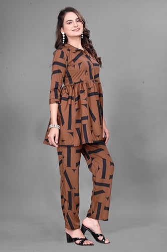 Image of Women Crepe 3 /4 Sleeves V Neck Cord Set Featuring Floral Pattern Design 2 Piece Ethnic Wear Set