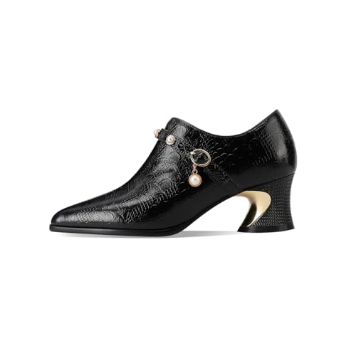 TinaCus Embossed Genuine Leather Women's Pointed Toe Chunky Heels Zip Up Pumps Shoes with Pearl2