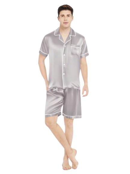 Silver Half Sleeve Shorts Set Night Suit with Contrast Piping-image-11