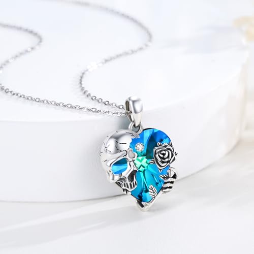 Image of S925 Sterling Silver Skull Pendant Necklace Heart Crystal Birthstone Skull Necklace Gothic Jewlery Gifts