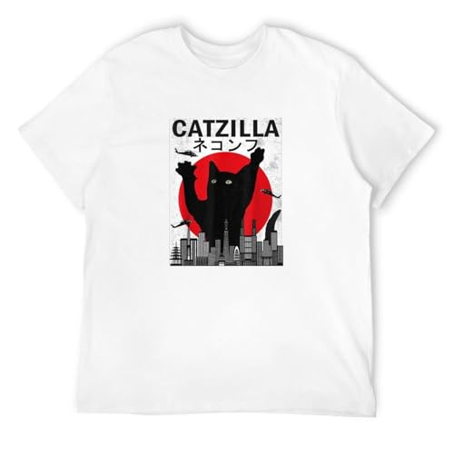 XiangGuFeiNiuWei Vintage Catzilla Japanese Sunset Style Cat Kitten Lover Music Mens T-Shirt White XL