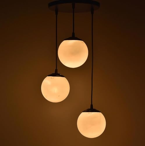 Image of Mahganya Glass Ceiling Hanging Light for Living Room Center, Chandelier Pendant Light for Drawing Room Center, Dining Table Round Cluster Hanging Lamp, Decorative Lamps, 3 Light Jhumar (White Shade)