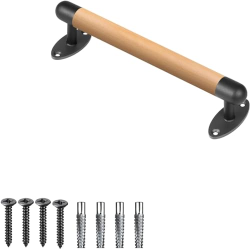 SELEWARE 16 Inch Wood Handrail Indoor Stairs Handrail Wall Mount Handrail w/Sturdy Metal Barckets, Barrier-Free Staircase Grab Bar for Elderly, 1.3 Inch Round
