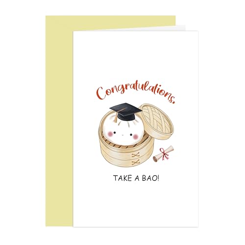 BKOQF Congratulations, Take a Bao Graduation Card, Cute Dumpling Grad Card for Friends, Funny Food Pun Congrats Gift