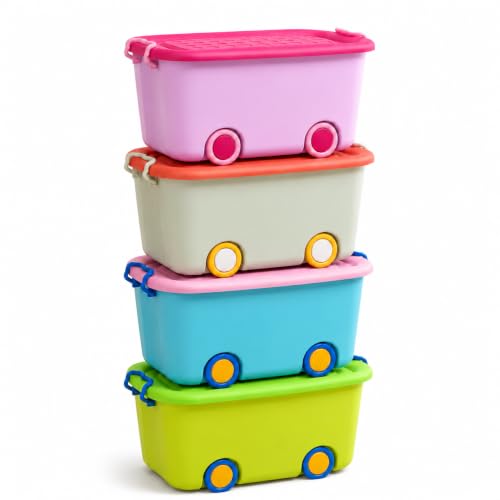 Image of STAR WORK Multipurpose Durable Storage Box Colorful Car-shaped Children's Toy Storage Container with Wheels and Handle (Pack Of 4, 25 Liter) Color May Very