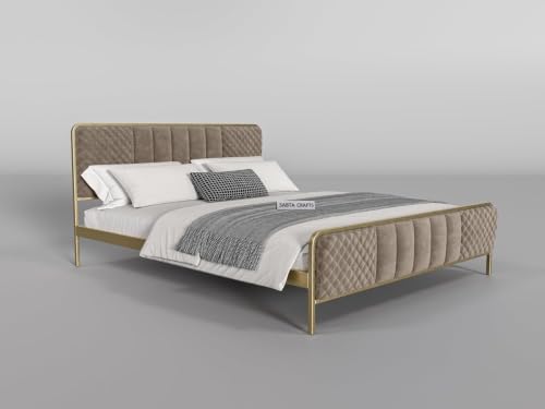 Image of Modern Upholstered Queen Size Bed for Bedroom | Metal Double Bed | Platform Cot Bed with Upholstery Premium Fabric | 6.5 x 5 Ft | Powder Coated Metal Beds | Beige