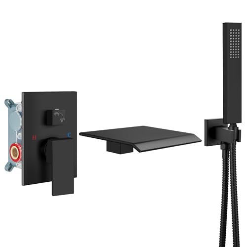 Airuida Grifo para Bañera con Caño Tipo Cascada y Ducha de Mano - Negro Mate | Caño Ángulo Biselado, Control de Una Manija, Válvula Incluida, Montaje en Pared miniatura 1