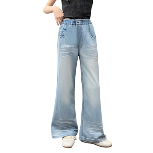 Jean évasé fille taille haute casual en denim bleu long