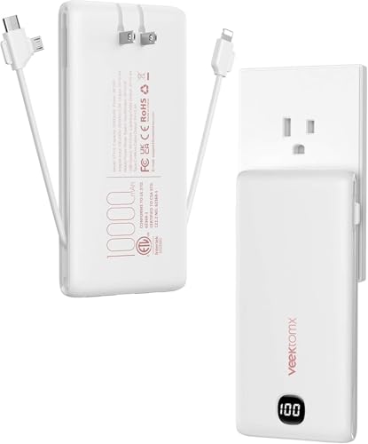 VEEKTOMX Portable Charger with Built in Cables 10000mAh Power Bank for iPhone with Wall Plug Travel Essential Fast Charging Slim USB C External Battery Pack for iPhone 17/16/15 Samsung iPad etc
