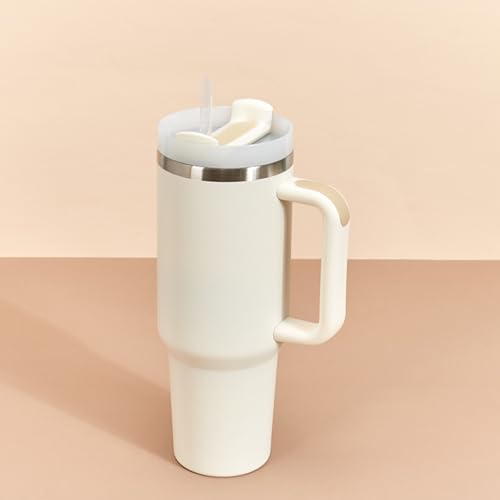 Image of KooK Tumbler with Straw and Handle, 40 Oz, Stainless Steel, Vacuum Insulated Travel Coffee Mug, Reusable Double Walled Water Bottle, Keeps Hot or Cold (Antique White)