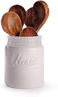 Vintage Mason Jar Utensil Holder White | Decorative Kitchenware Organiser | Spatulas, Whisks & Spoons Storage | Ceramic Chip-Resistant Holder | M&W