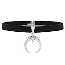 STACKABLE CREATIONS Crescent Moon Choker Necklace with Black Suede Velvet Leather Ribbon Band | Upside Down Half Moon Horn Silver Charm Metal Pendant